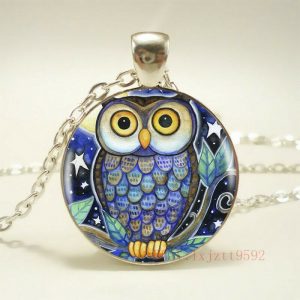 תליון ושרשרת מוכסף ינשוף בגווני כחול סגול